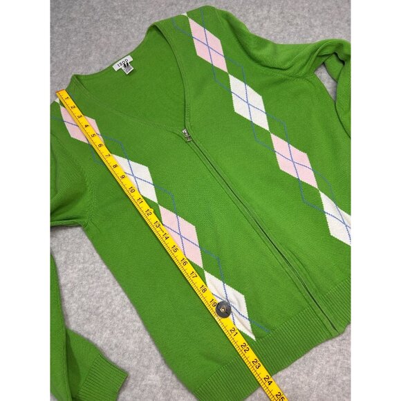VTG IZOD Womens XL Preppy Argyle Zip Cardigan Bright Green Cotton Sweater - Picture 4 of 14